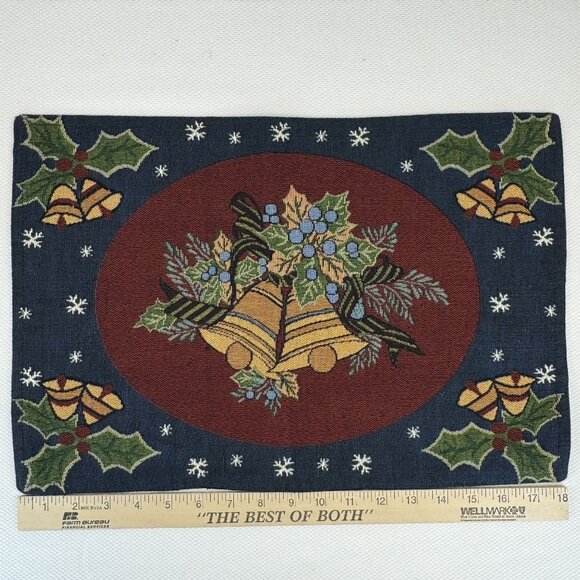 Vintage Set Of 4 Christmas Bell and Holly Tapestry Placemats Holiday 18"x12" - Picture 6 of 7